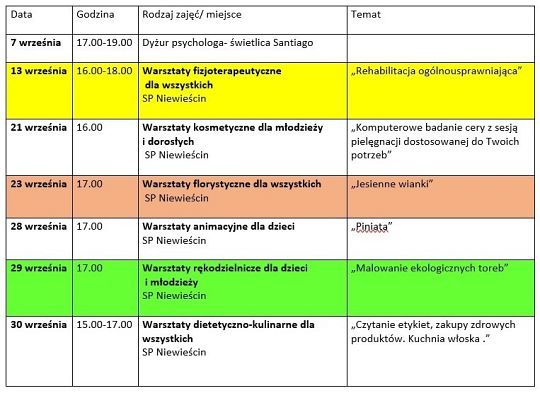 Terminarz zajęć we wrześniu